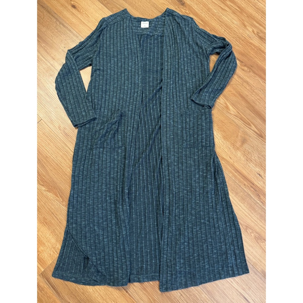 Soma Duster Cardigan Womens Medium Green Ribbed Knit Longline Open Front Pocket